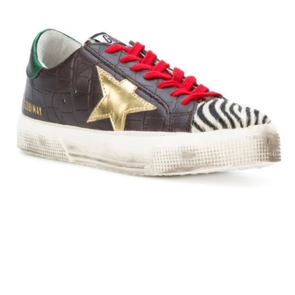 Golden Goose Brown Croc Sneakers with metallic green backs.Also with white laces